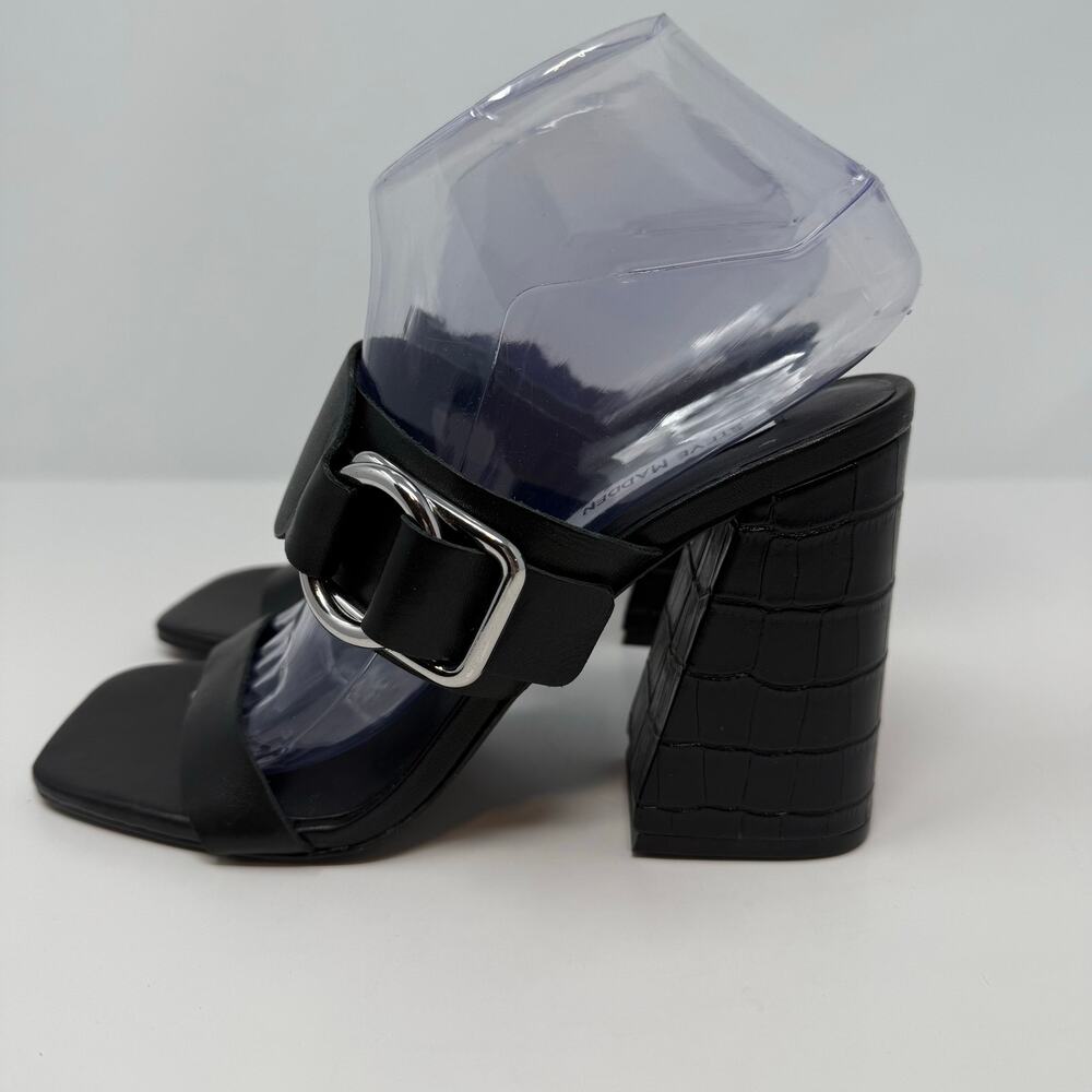 Steve Madden Sandals Women's 8.5 Leda Black Croc Embossed Leather Block Heel - Picture 2 of 15
